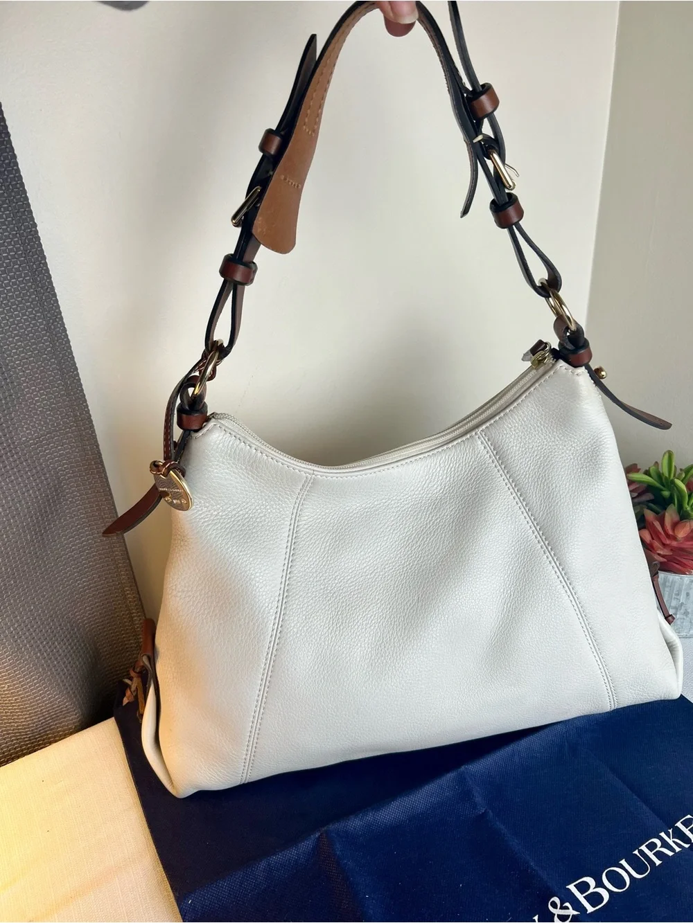 WEEKEND SALE!Dooney & Bourke White Leather Shoulder Bag with Brown Trim